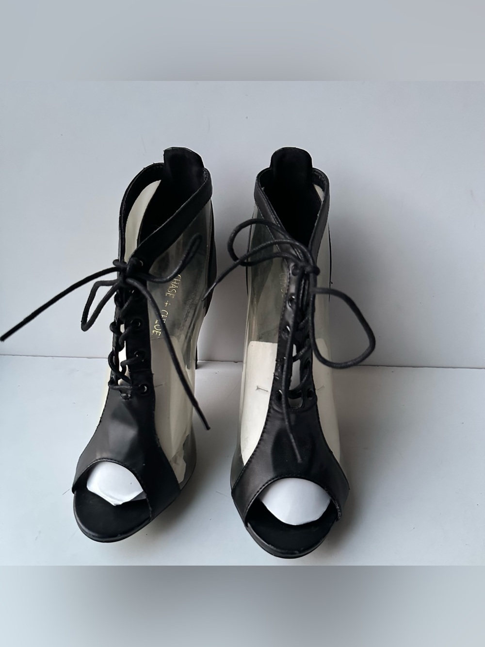 Chase + Chloe Clear Black Lace Up Peep Toe Stiletto Heels Women’s Size 10